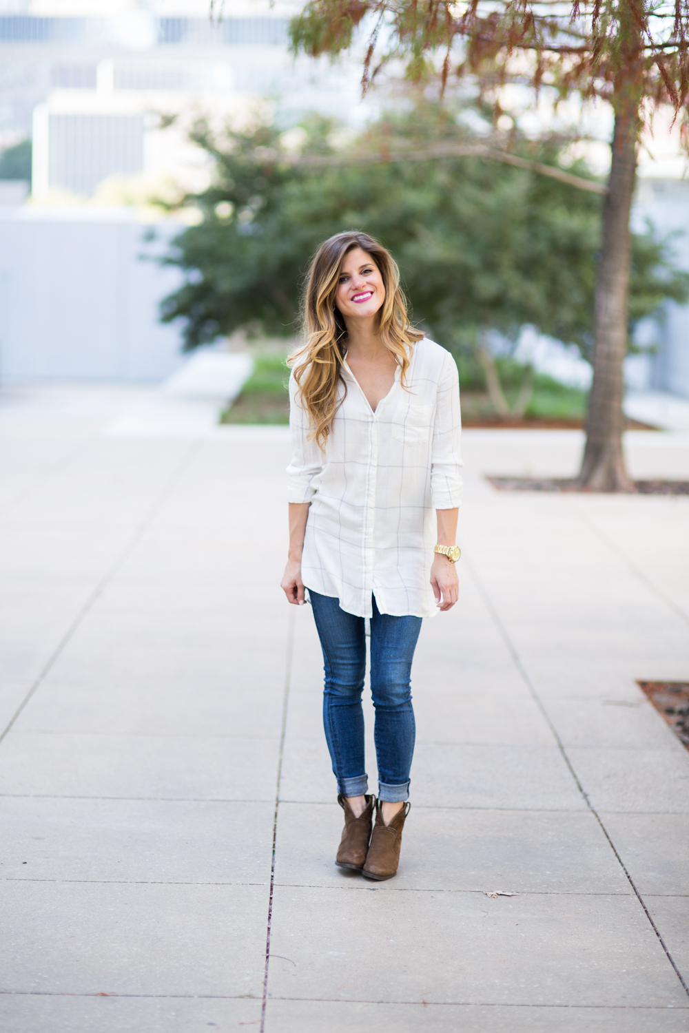 fall windowpane plaid tunic shirt and jeans