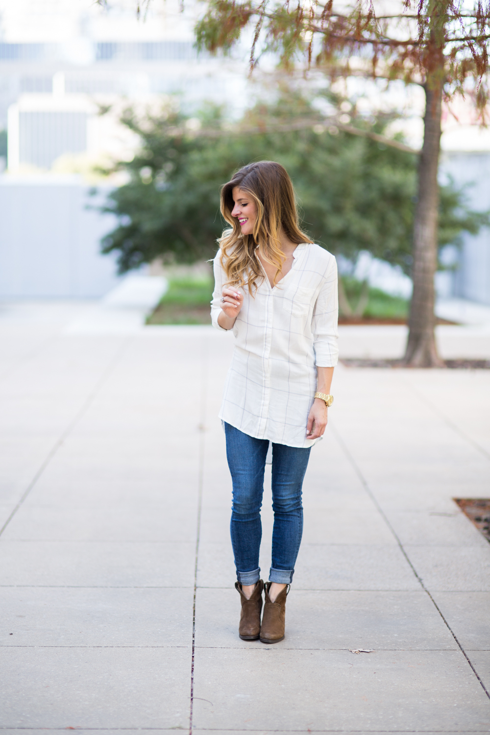 fall windowpane plaid tunic shirt and jeans