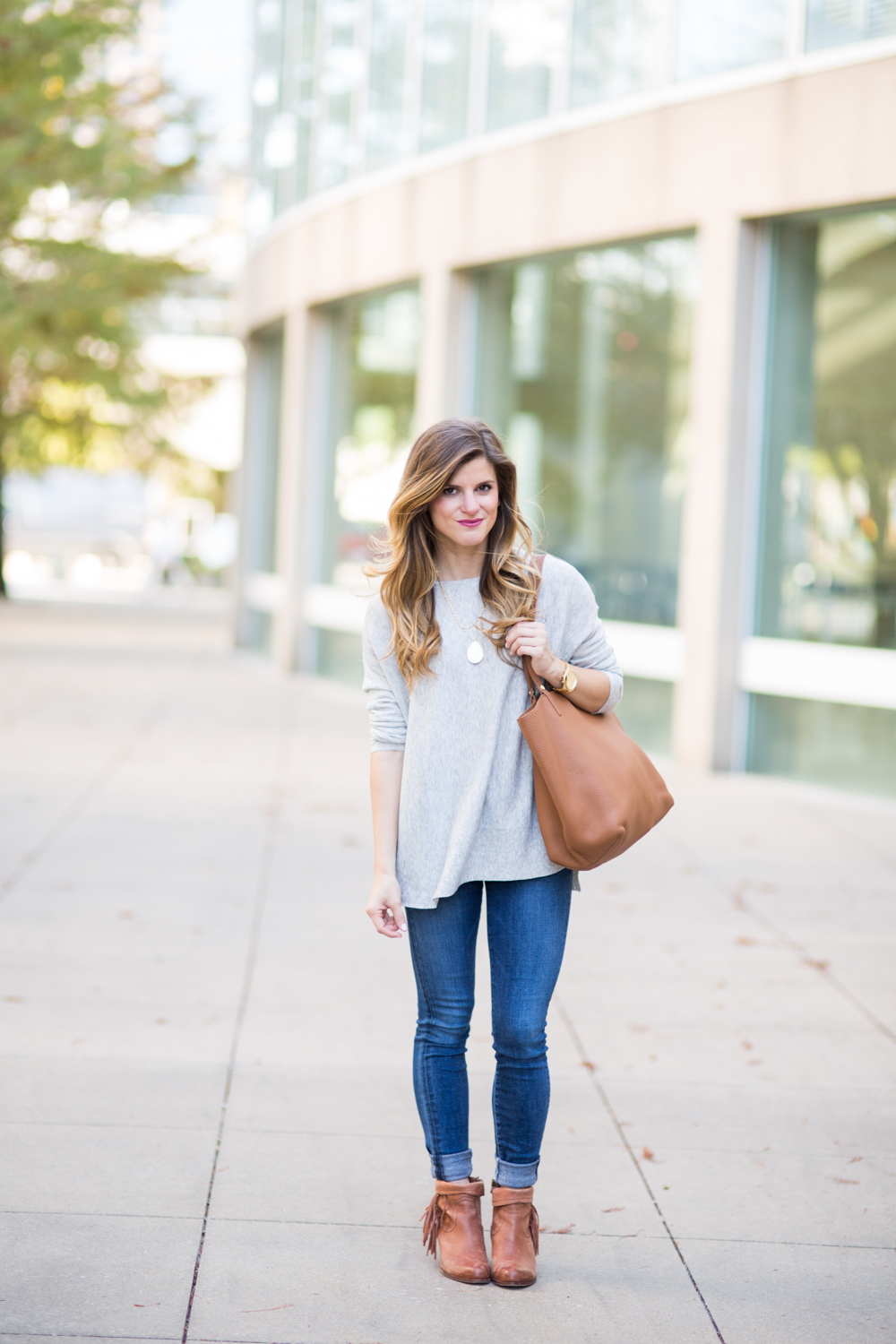 Simple Grey Sweater outfit with cognac booties and tote