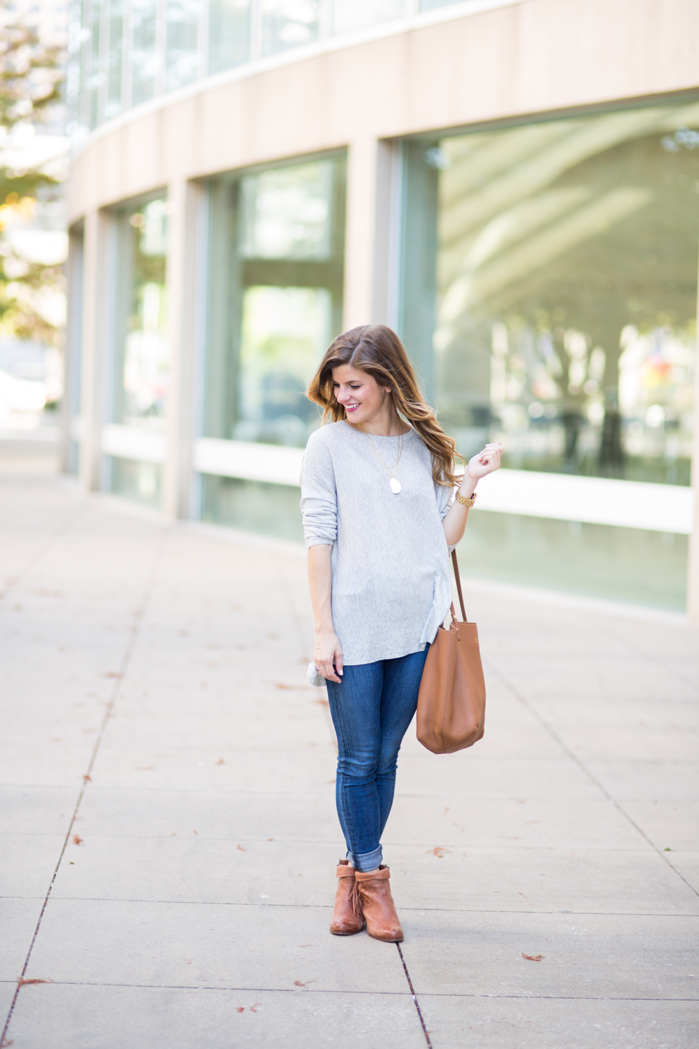 Simple Grey Sweater outfit with cognac booties and tote