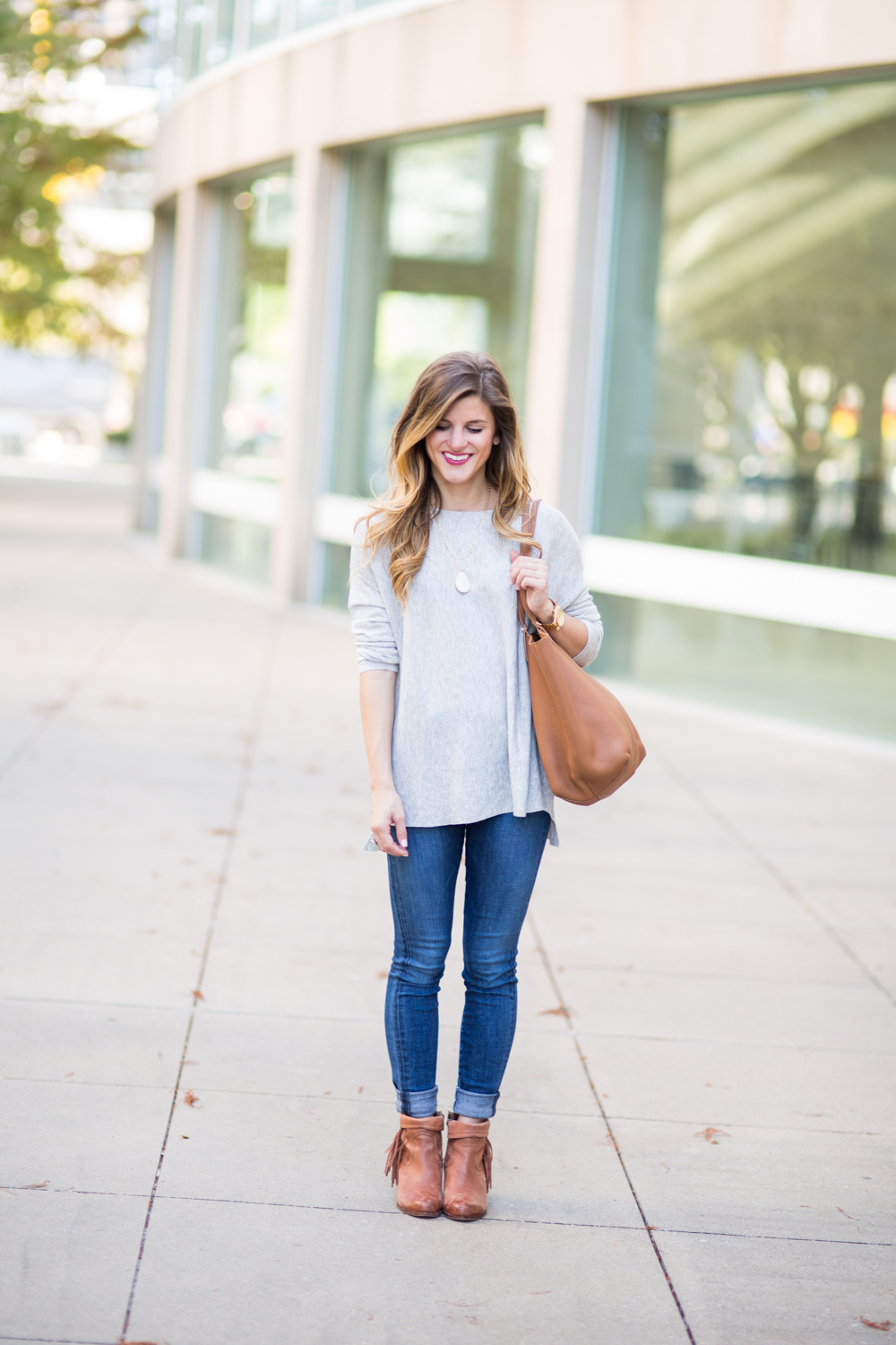 Simple Grey Sweater outfit with cognac booties and tote