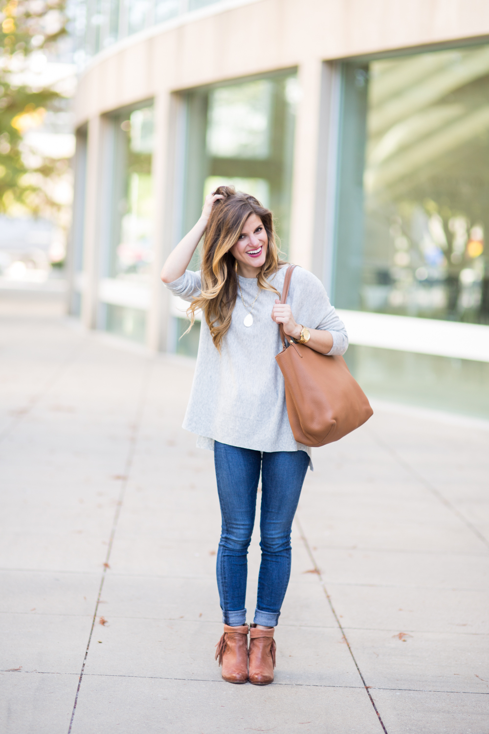 Simple Grey Sweater outfit with cognac booties and tote