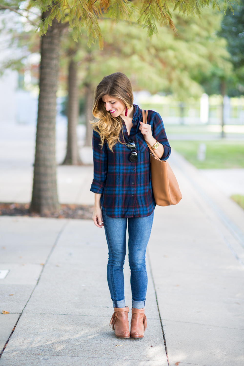 Fall Plaid Shirt outfit with burgundy baublebar earrings and jeans and cognac booties