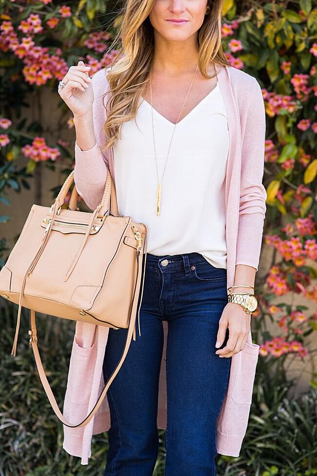 brightontheday styling white tank with long cardigan and rebecca minkoff bag 