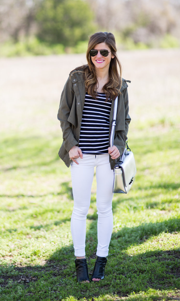 white jeans outfit - black peep toe booties, black and white striped tee, olive green military jacket, transitional outfit idea, fall outfit idea