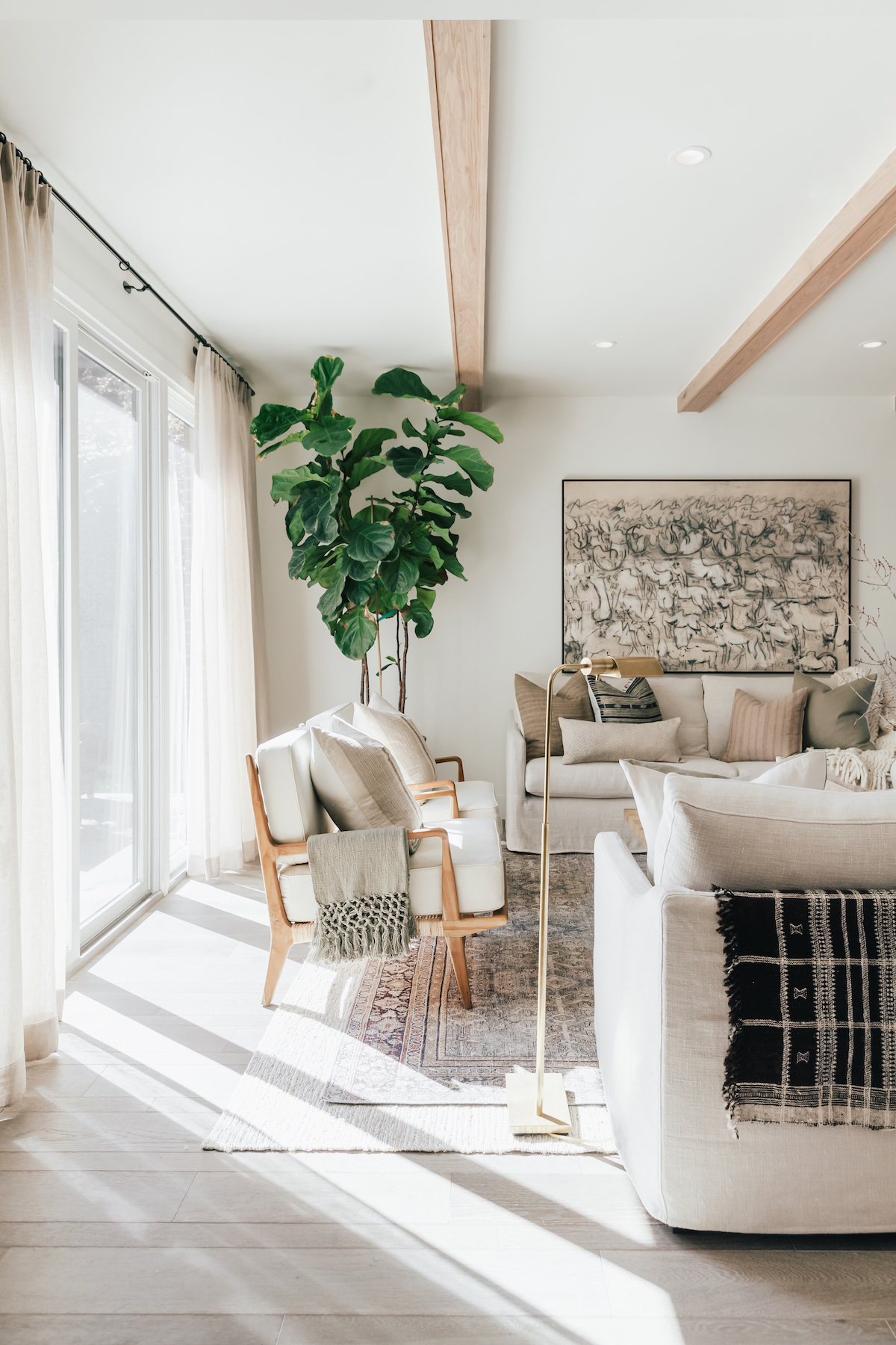 brighton butler denver living room, neutrals and wooden beams