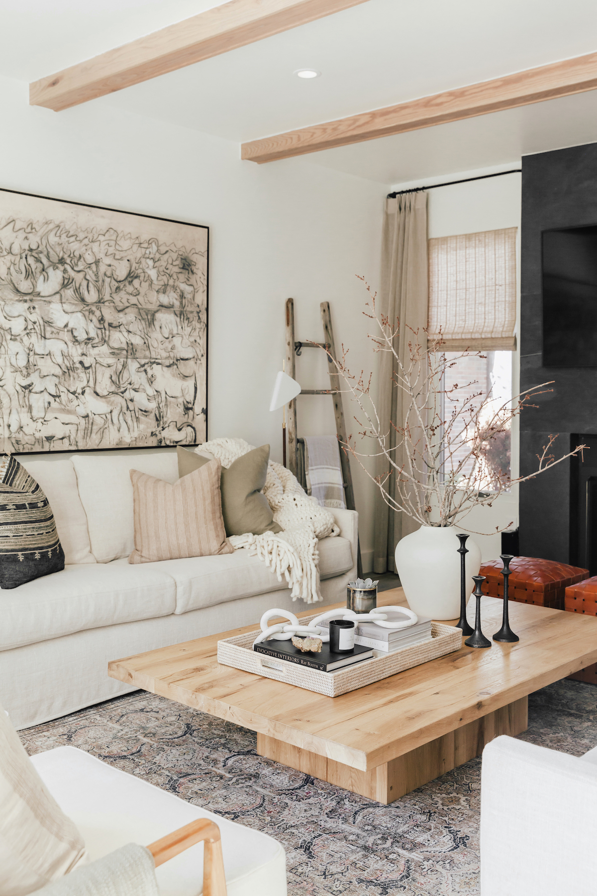 brighton butler denver living room, neutrals and wooden coffee table with patterned rug