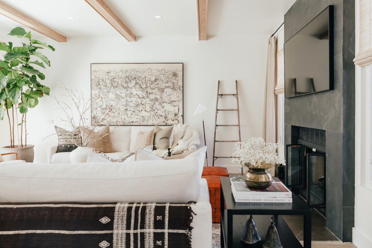 brighton butler denver living room, wooden ceiling beams