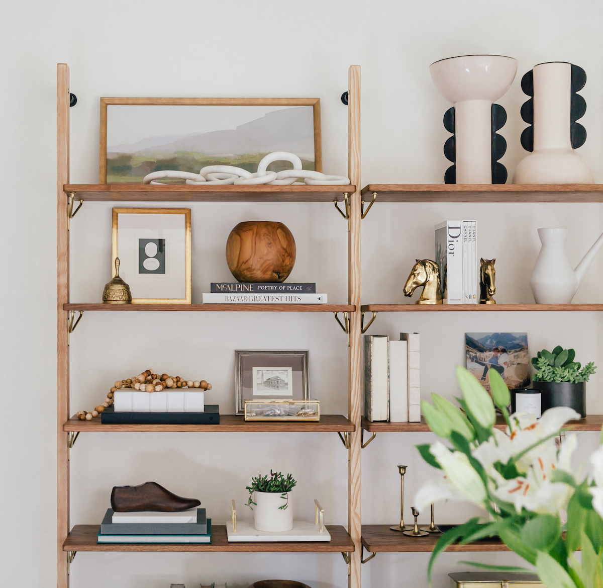 brighton butler denver office, book shelf styling, wooden bookshelves