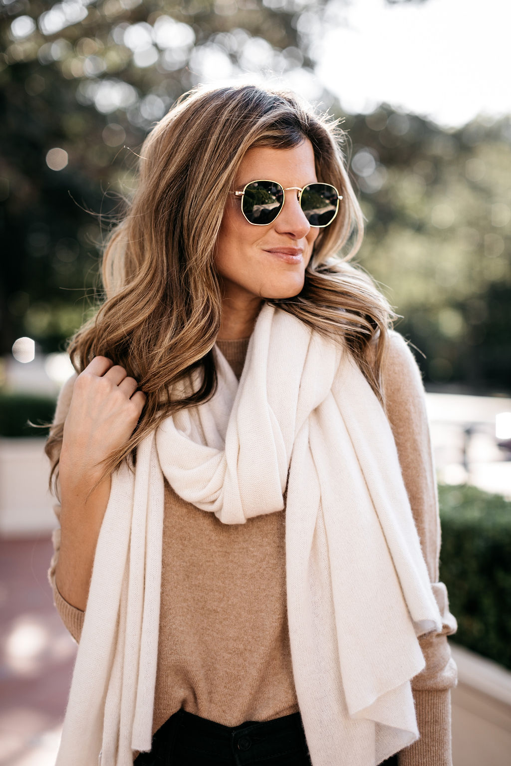 white and warren cashmere scarf, tan crew cashmere sweater crewneck