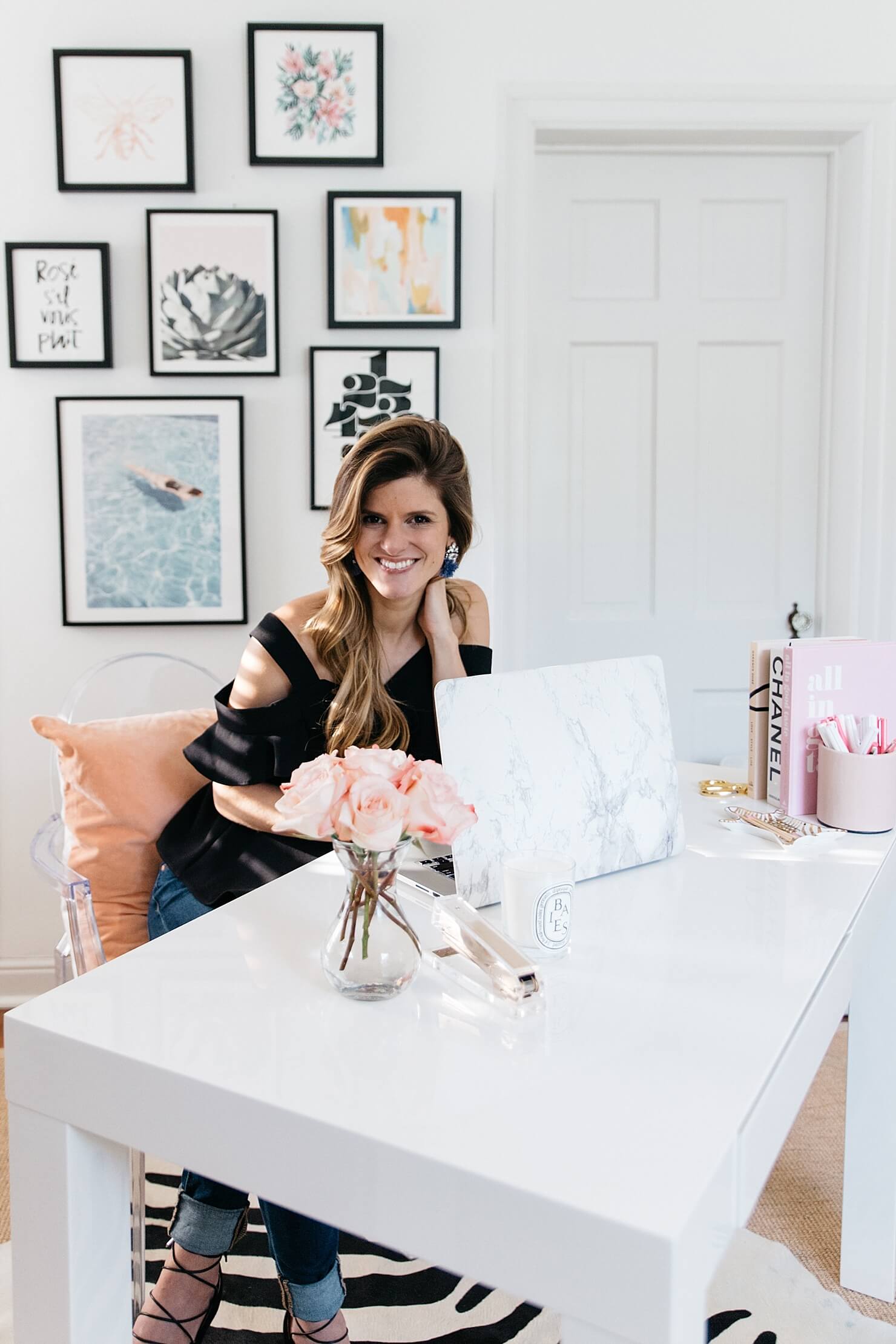 brightontheday home office reveal, minted gallery wall, white lacquer parsons desk, brighton keller office, chic bright and white office, how to organize your life, organization tips and habits to being more productive