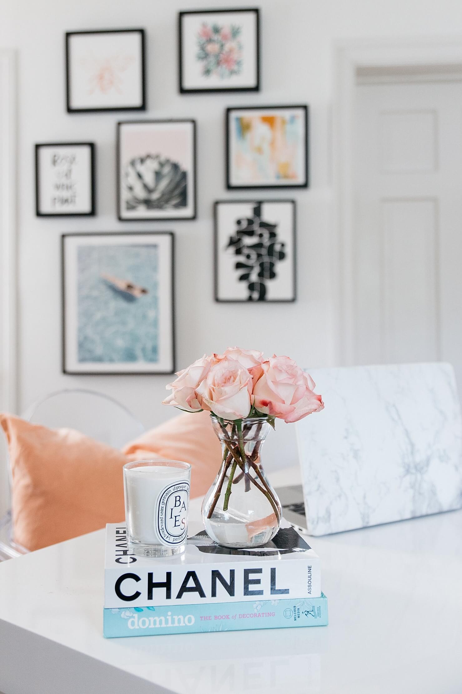 brightontheday home office, desk space inspiration, minted gallery wall, white west elm parsons desk, chanel coffee table book, marble laptop cover