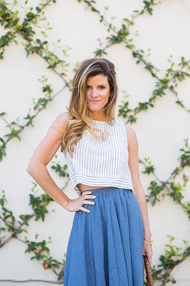 brightontheday wearing a linen striped crop top with a high-waisted midi skirt spring outfit