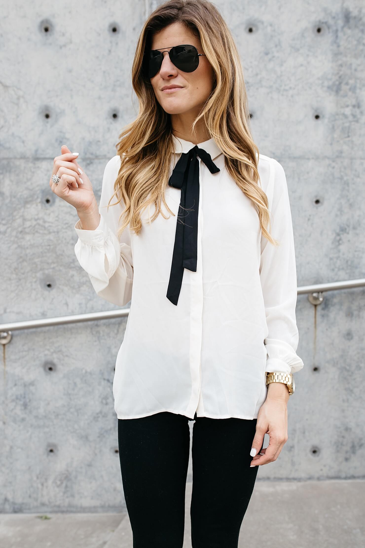 business casual outfit, what to wear to work, fall work outfit idea, office wear, work wear, outfit loafers, pussy bow blouse, summer work outfit idea, wear to work, off white blouse, black and white work outfit idea