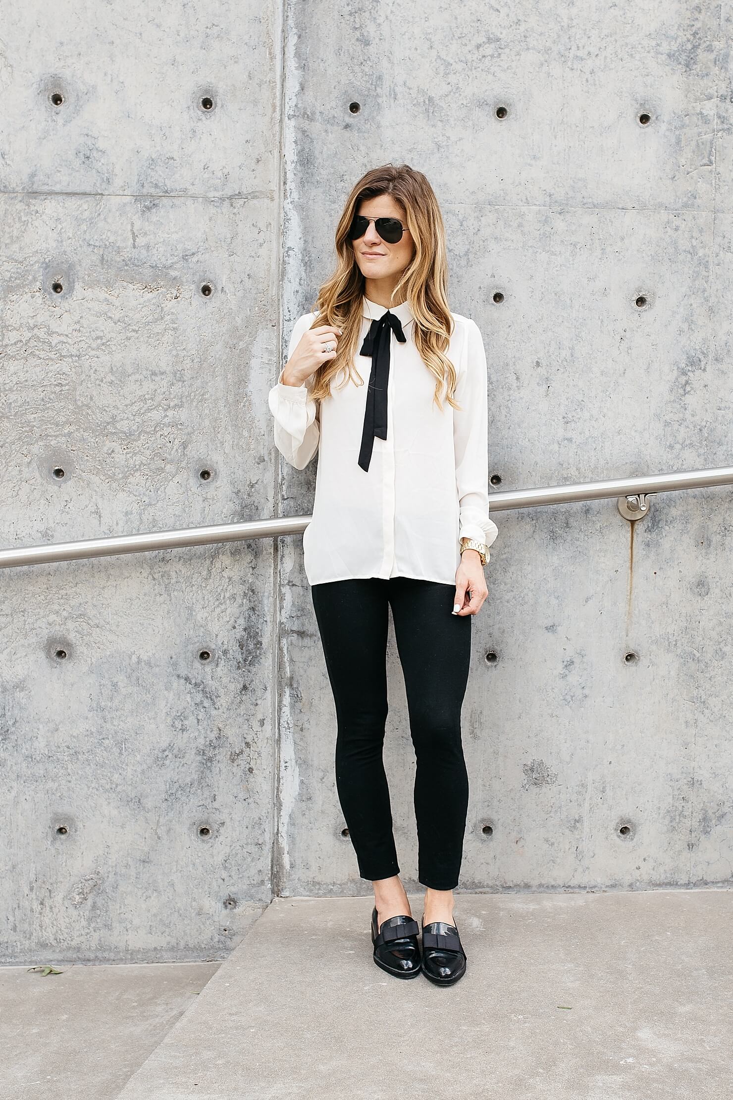 business casual outfit, what to wear to work, fall work outfit idea, office wear, work wear, outfit loafers, pussy bow blouse, summer work outfit idea, wear to work, off white blouse, black and white work outfit idea