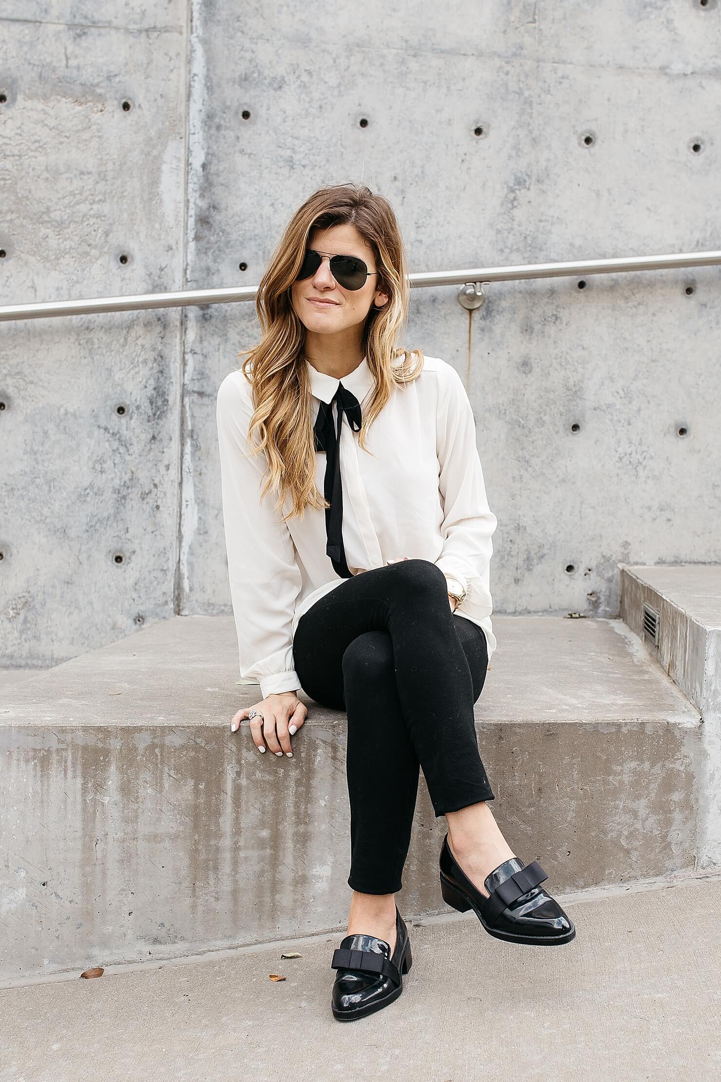 business casual outfit, what to wear to work, fall work outfit idea, office wear, work wear, outfit loafers, pussy bow blouse, summer work outfit idea, wear to work, off white blouse, black and white work outfit idea