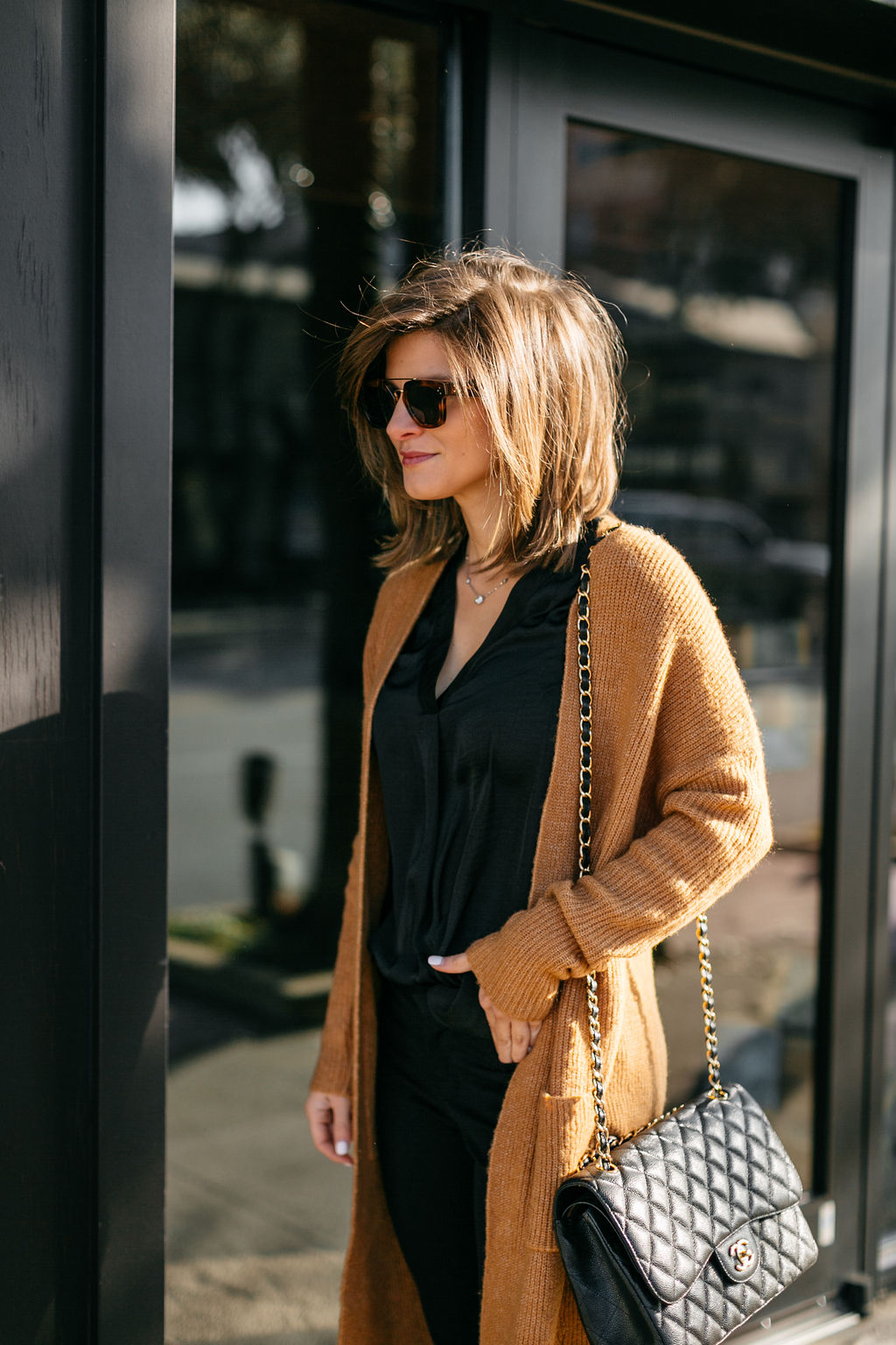 business casual all black outfit long cardigan