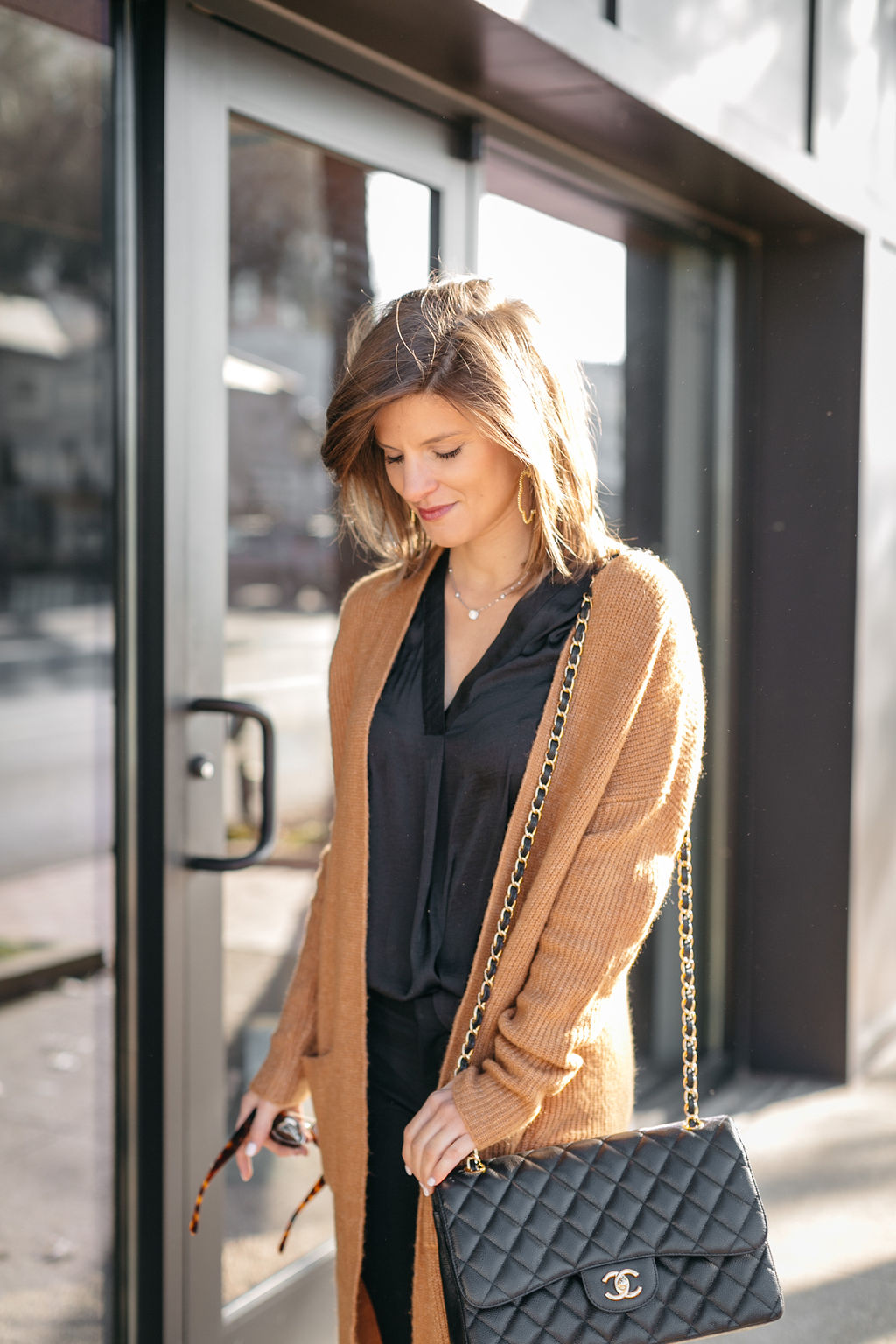 business casual all black outfit long cardigan