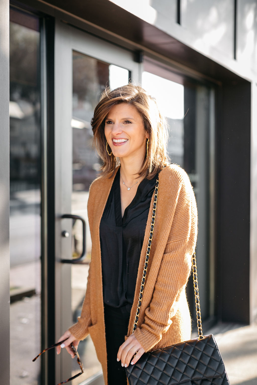 business casual all black outfit long cardigan