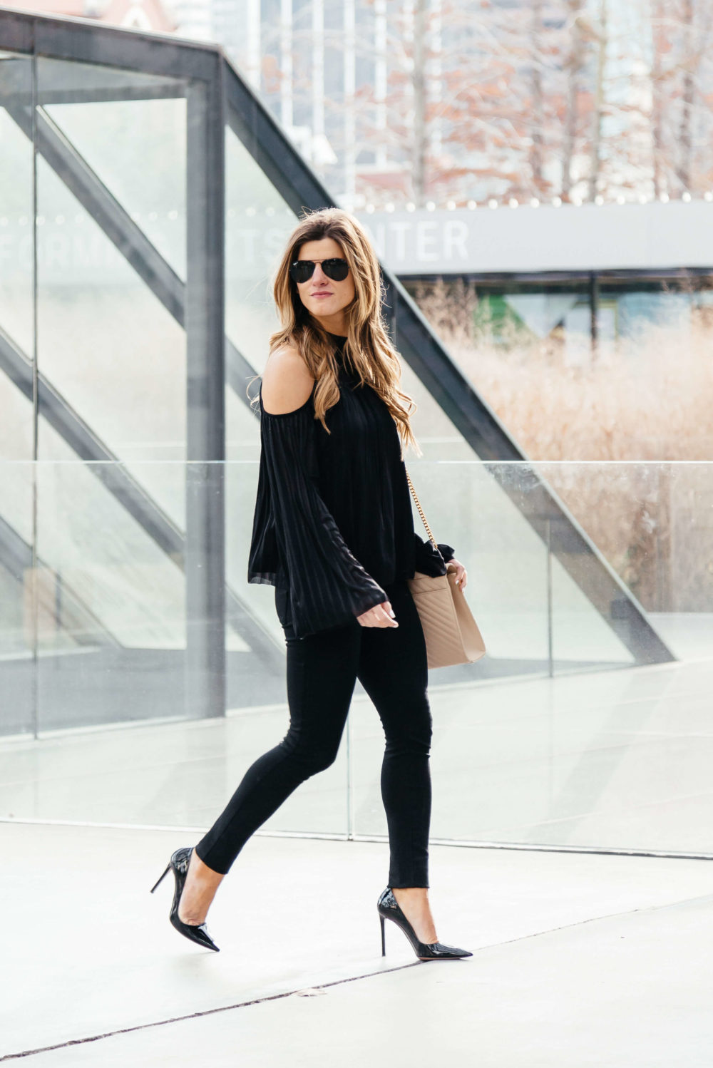 all black outfit with cold shoulder top, all black outfit