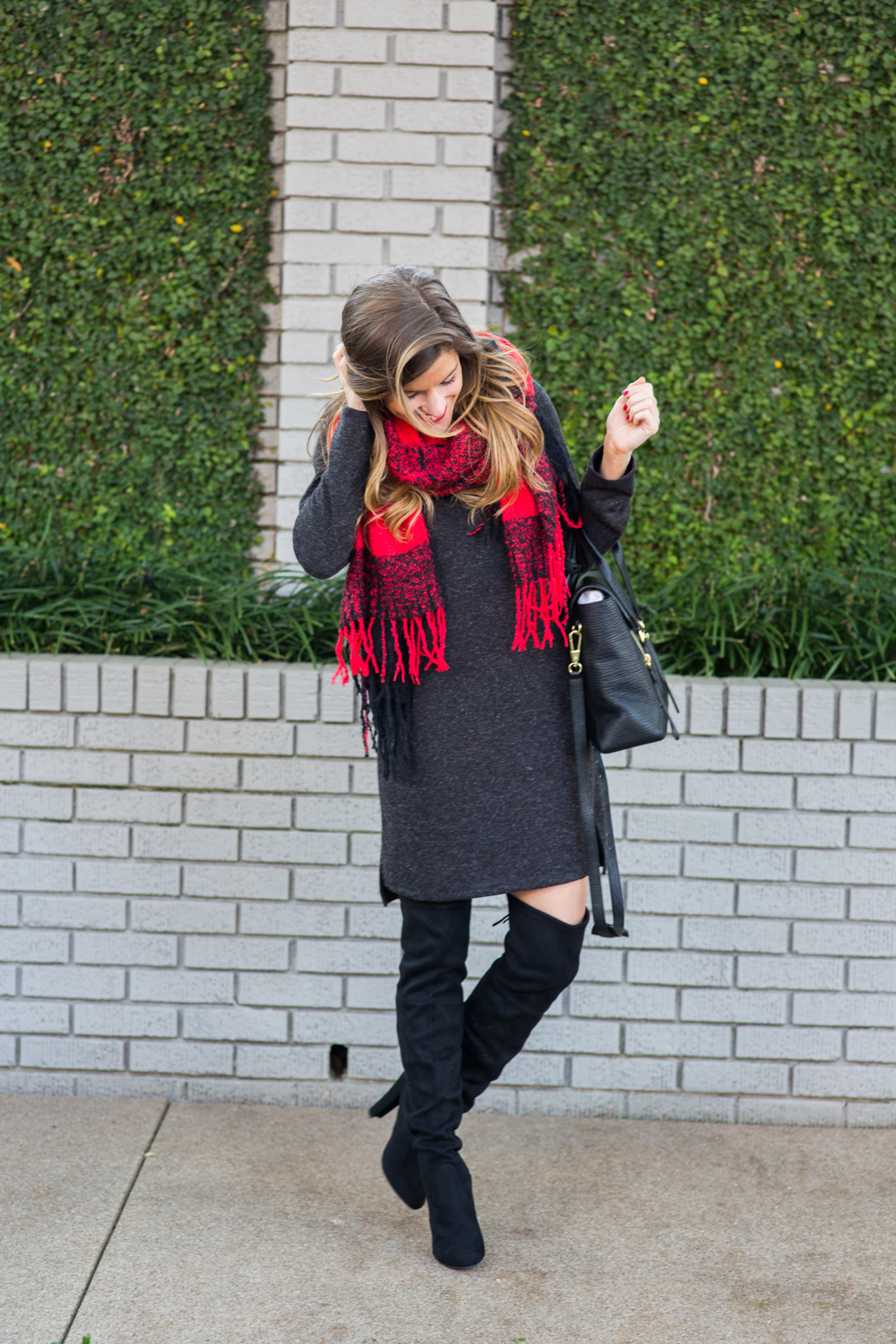 cowl neck sweater dress red plaid scarf over the knee boots