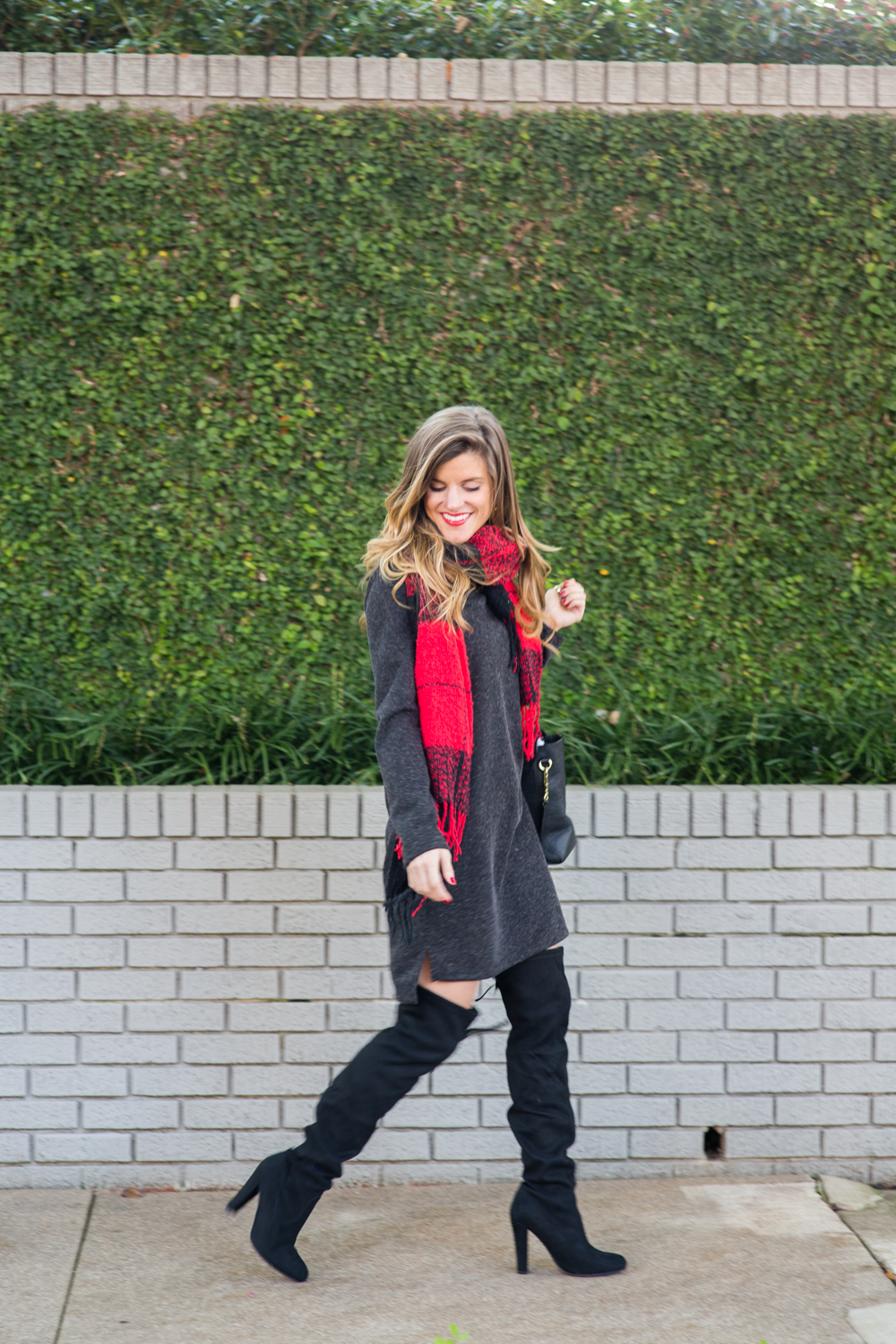 thigh high boots sweater dress and scarf