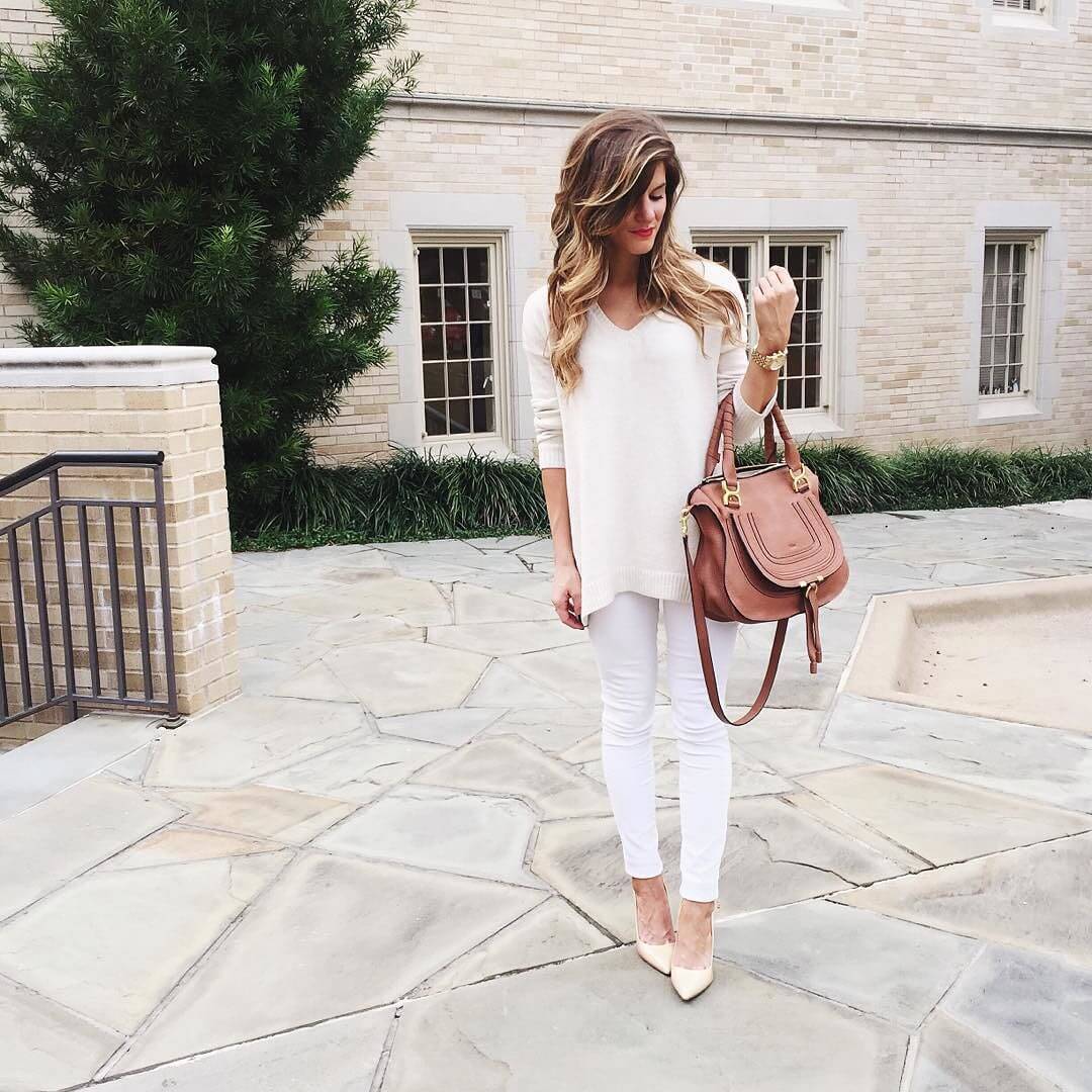 cream sweater white pants nude pumps all white winter outfit