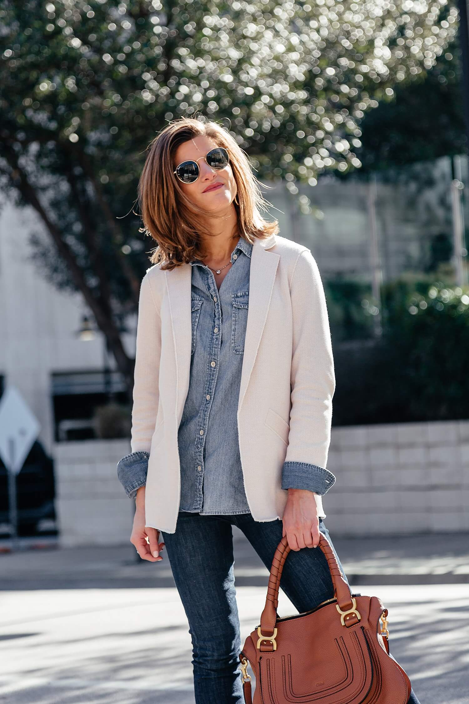 brighton keller wear chambray shirt with cream blazer ray ban icon retro sunglasses