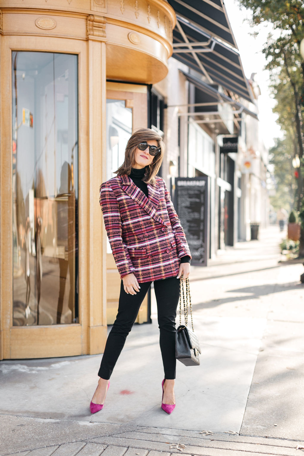 all black outfit plaid blazer hot pink pumps Chanel bag holiday snappy casual look