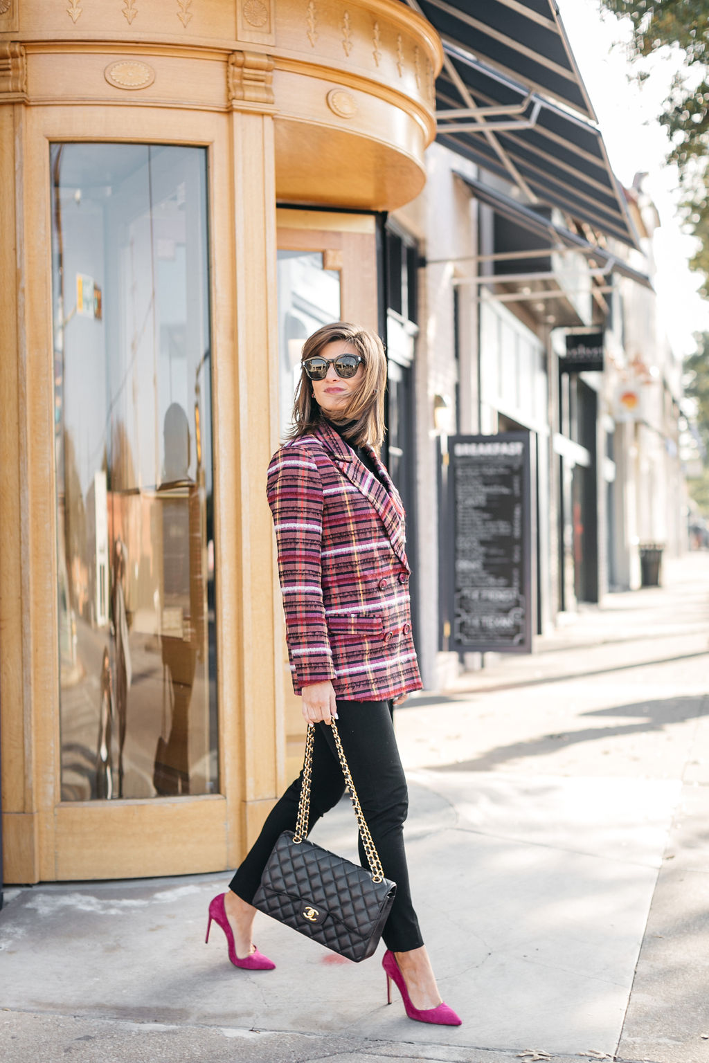 all black outfit plaid blazer hot pink pumps Chanel bag holiday snappy casual look