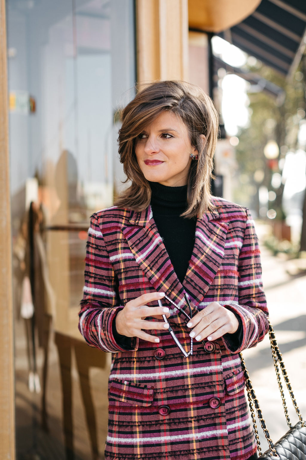 holiday hot pink plaid double breasted blazer with black turtleneck