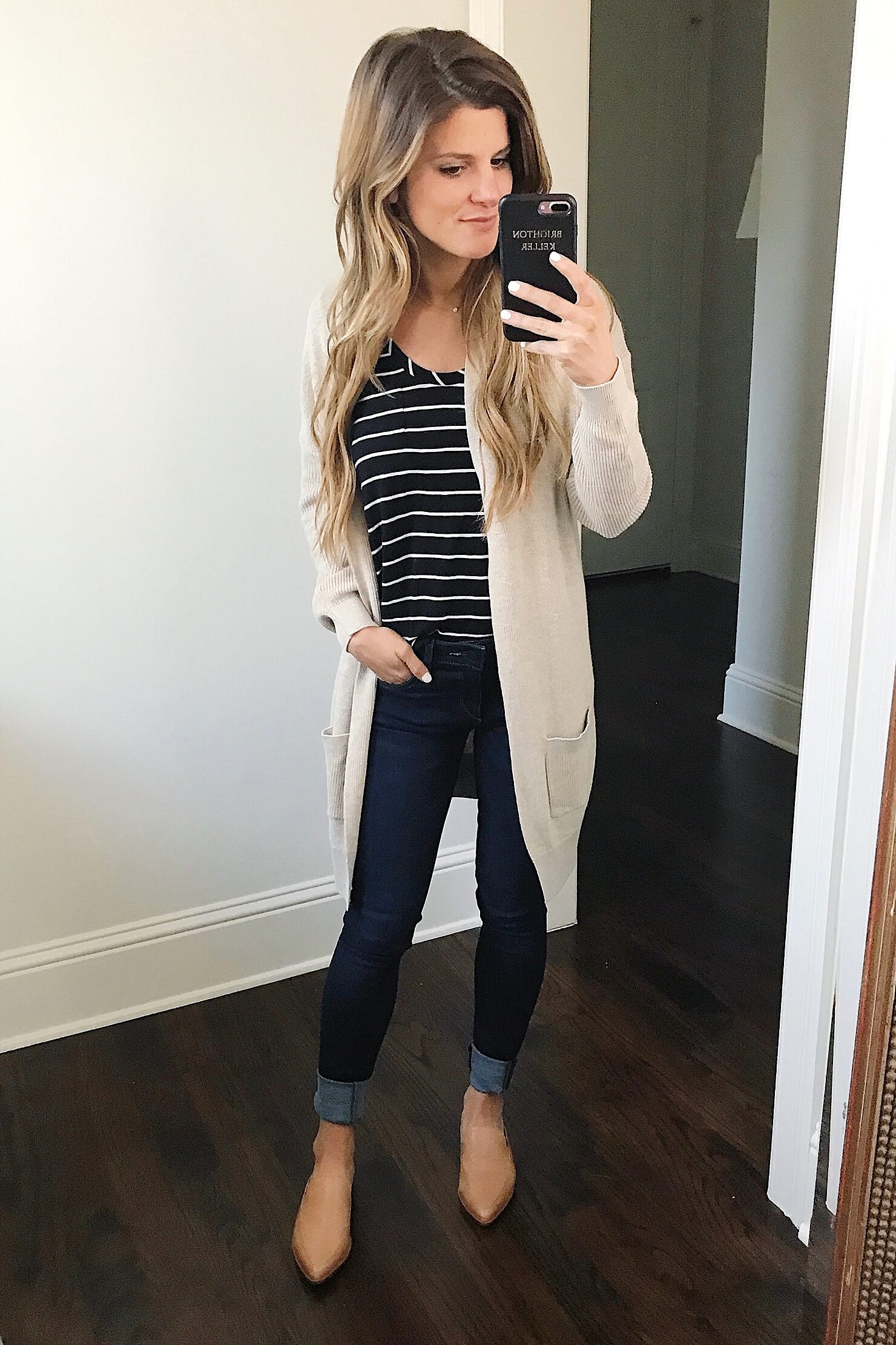 NSALE cardigan, striped tee, jeans