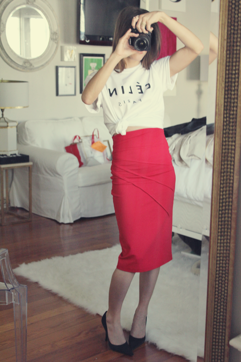 celine shirt tied up with pencil skirt