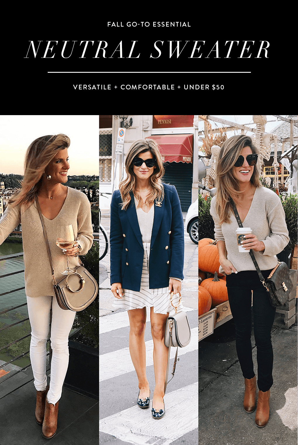 fall essential neutral sweater three outfit ideas with oatmeal sweater