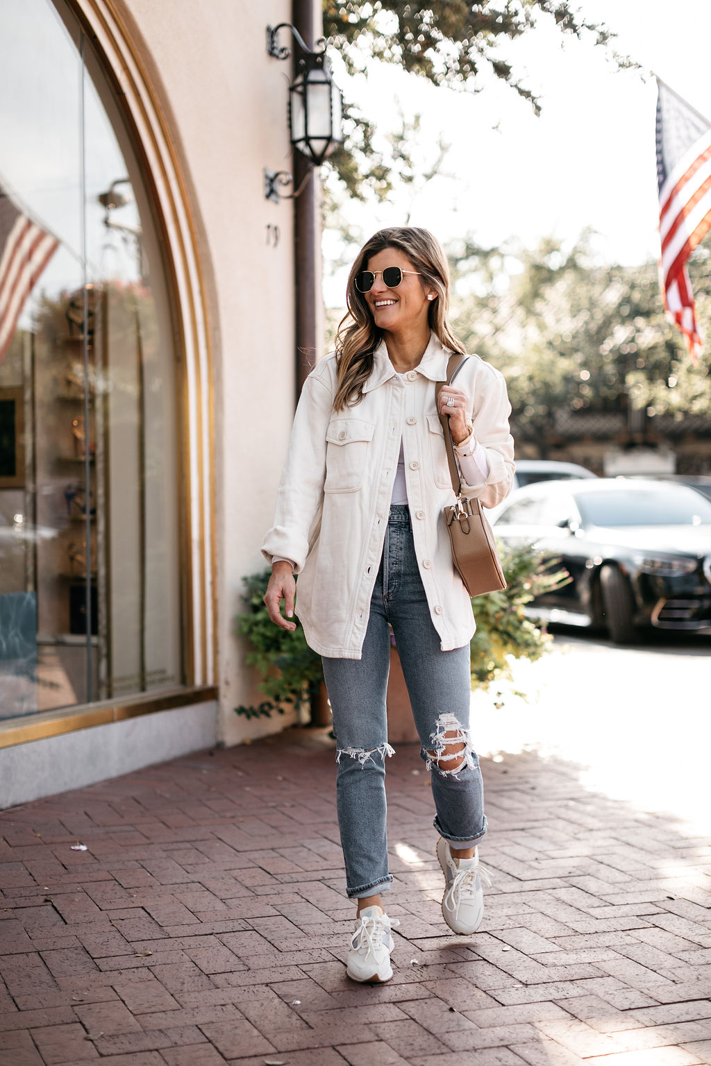 fall outfit shacket bodysuit new balance sneakers with Leatherology crossbody bag