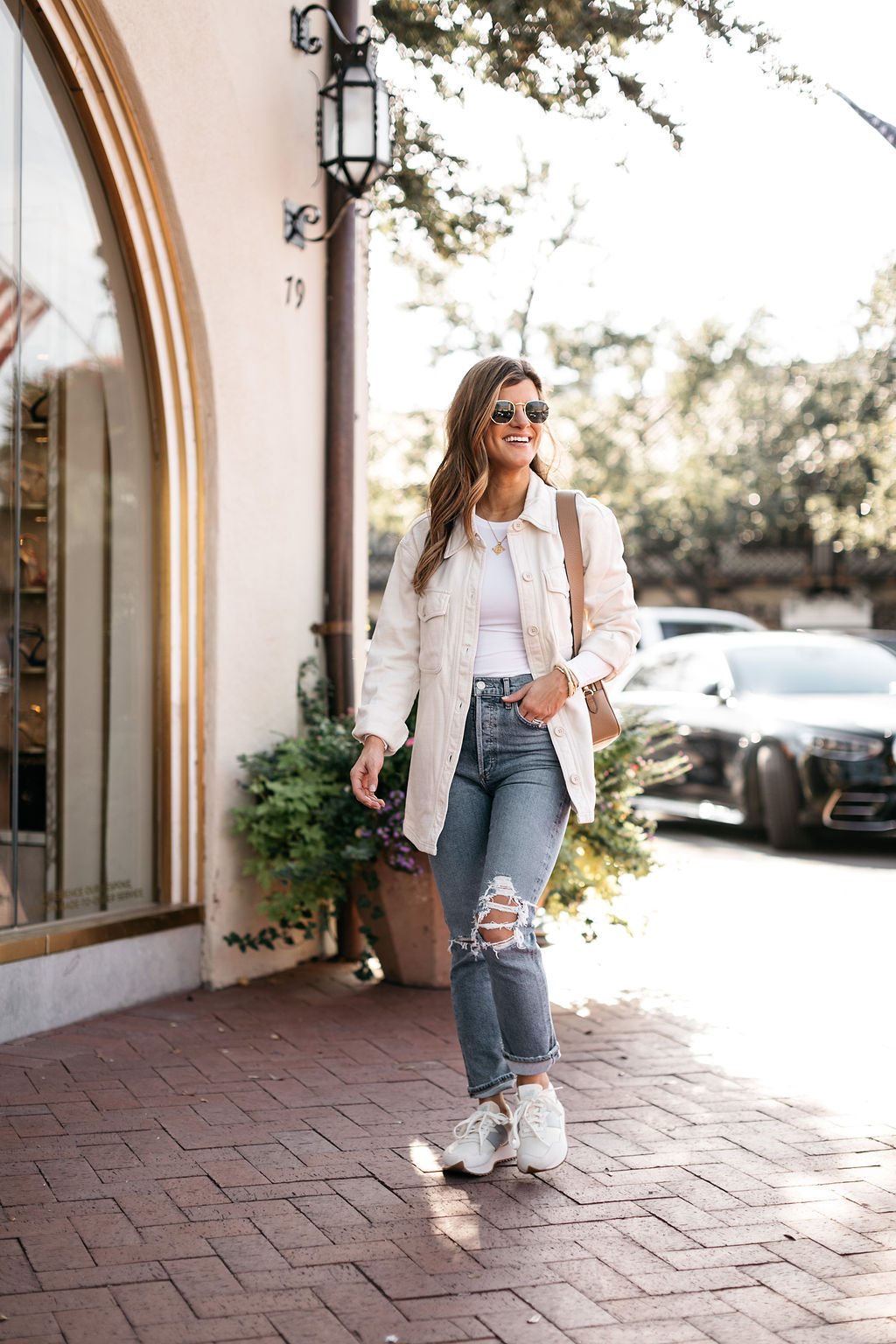 fall outfit shacket bodysuit new balance sneakers with Leatherology crossbody bag