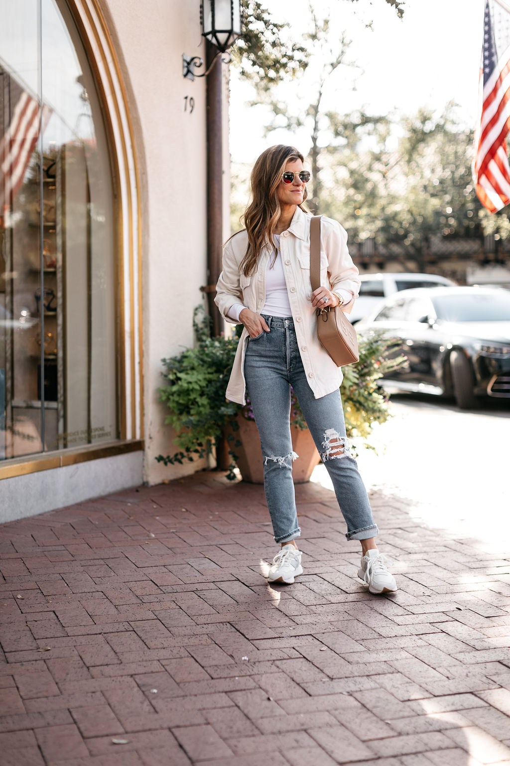 fall outfit shacket bodysuit new balance sneakers with Leatherology crossbody bag