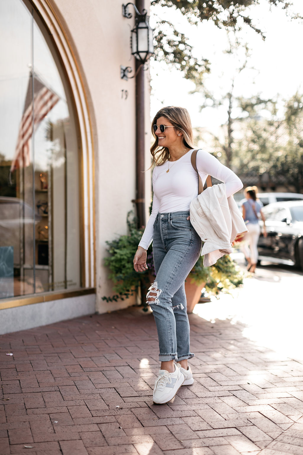 fall outfit shacket bodysuit new balance sneakers with Leatherology crossbody bag