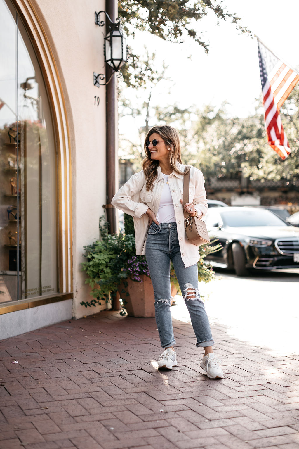 fall outfit shacket bodysuit new balance sneakers with Leatherology crossbody bag