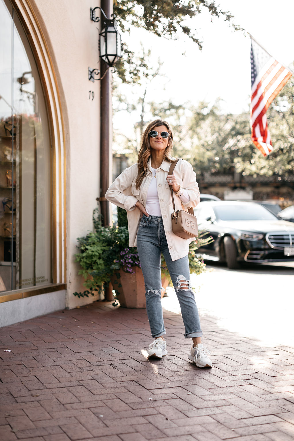 fall outfit shacket bodysuit new balance sneakers with Leatherology crossbody bag