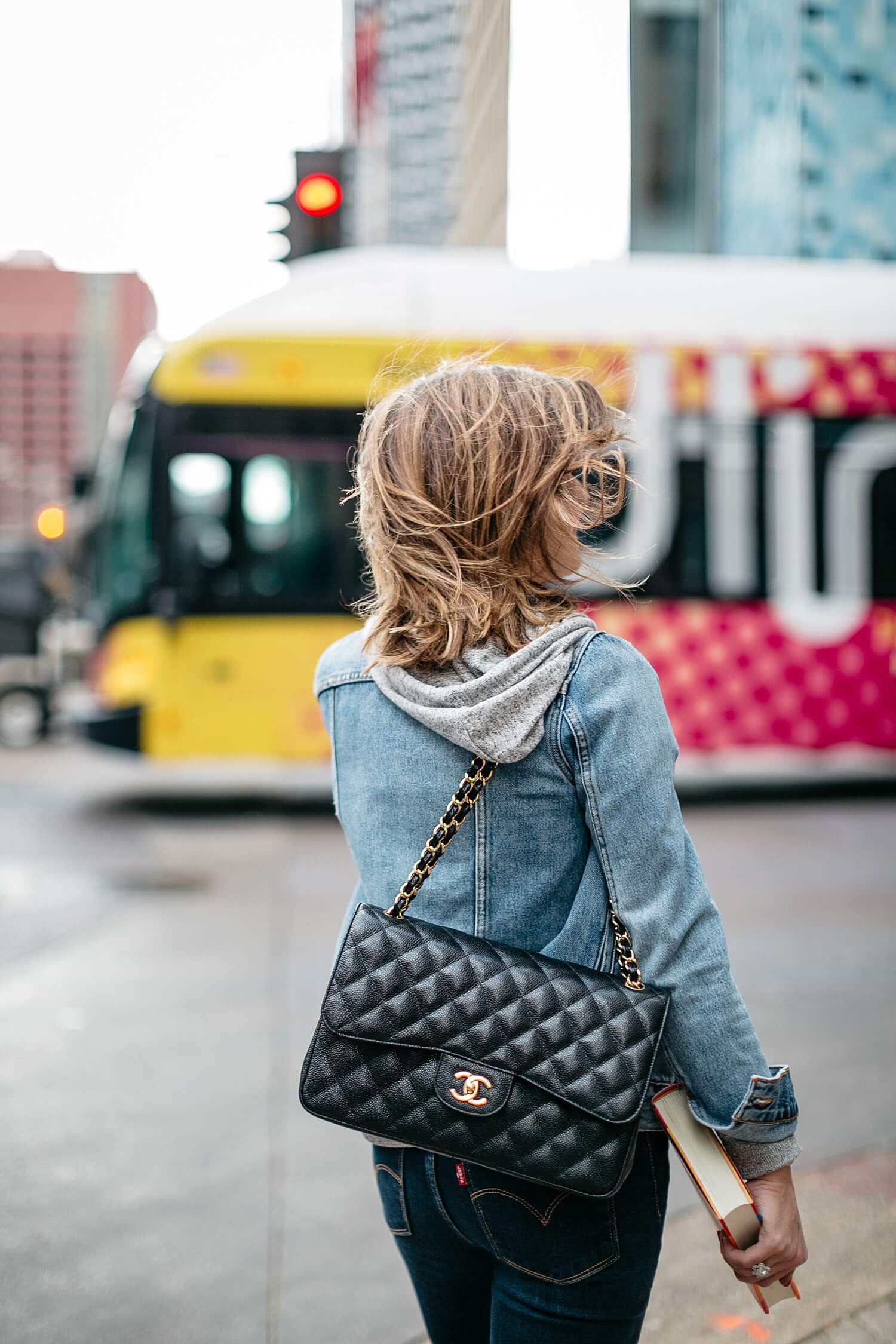 Chanel caviar quilted jumbo, Levi's boyfriend denim jacket