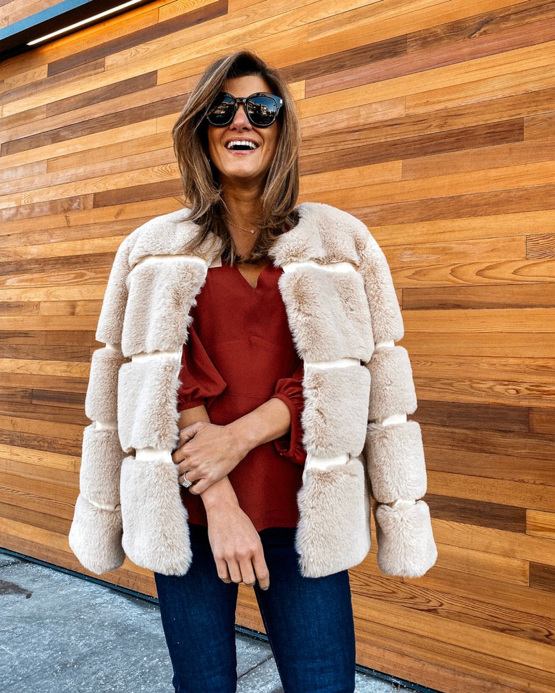 brighton keller fur jacket red sweater