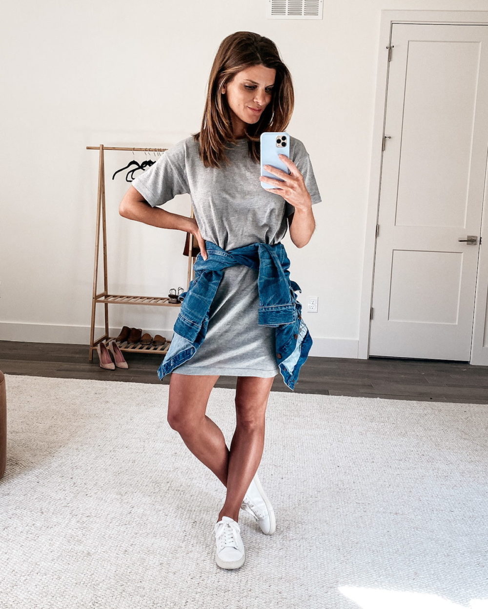 grey tee shirt dress, denim jacket, white sneakers