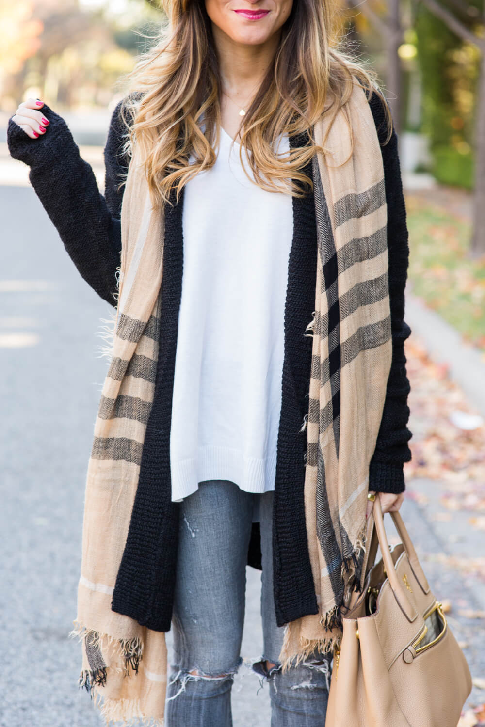 long black cardigan grey ripped jeans