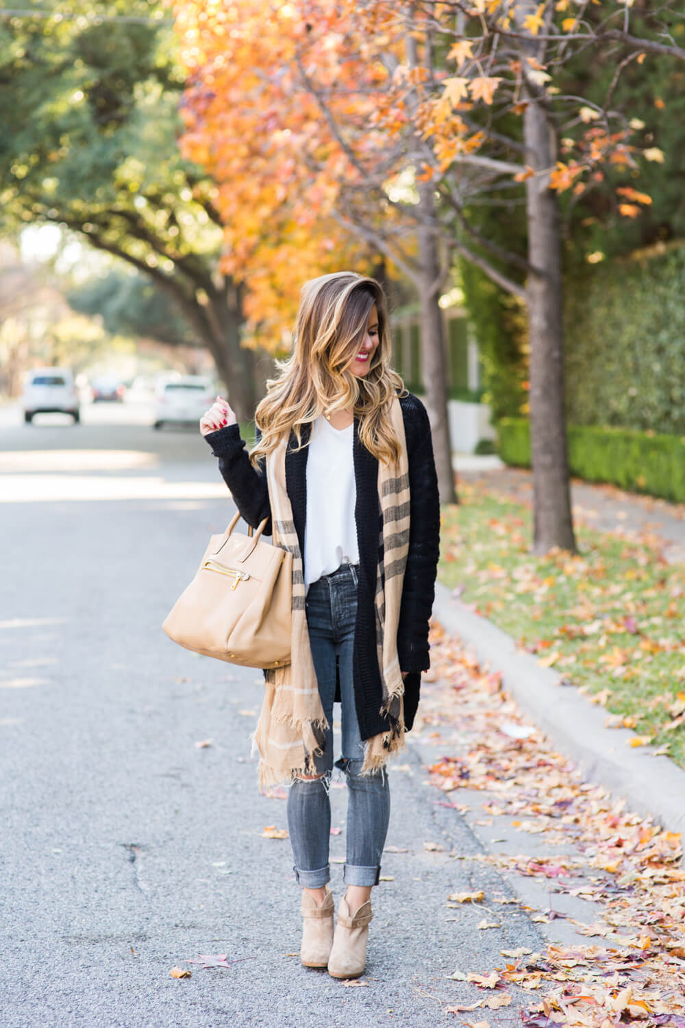 grey jeans outfit: cream sweater and black cardigan casual everyday look brighton keller dallas fashion blog