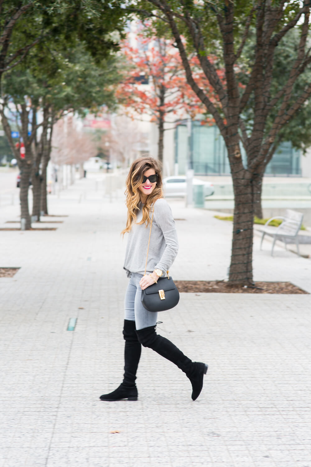 grey on grey outfit lowland over the knee boots