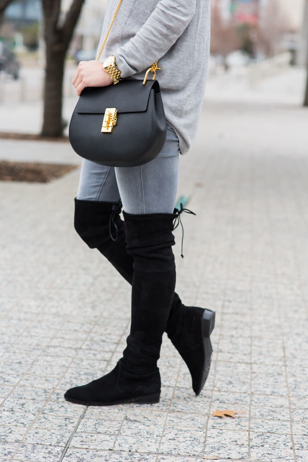 Stuart Weitzman Over The Knee Boots, over the knee boots with jeans, grey outfit ideas , Chloe Drew bag, all grey outfit