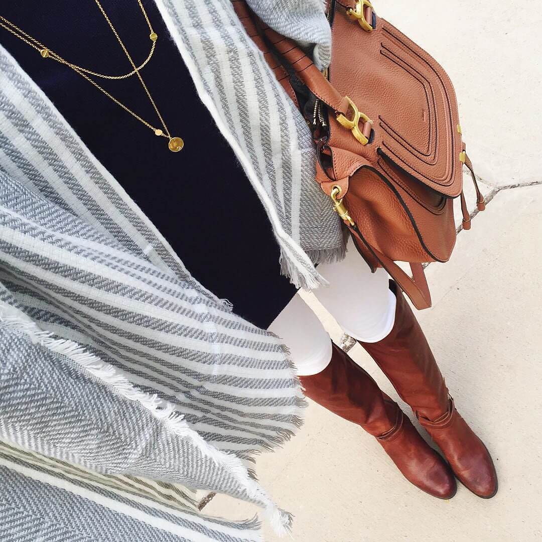 grey poncho sweater, riding boots