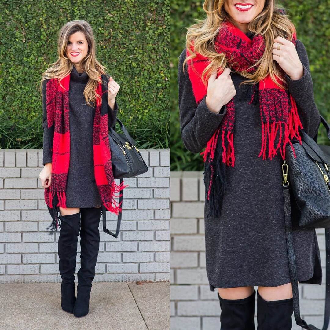 grey sweater dress, over the knee boots, red plaid scarf brightonkeller instagram winter outfit