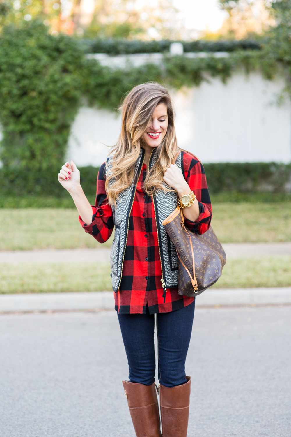 Casual Fall Outfit Herringbone vest and plaid Riding Boots